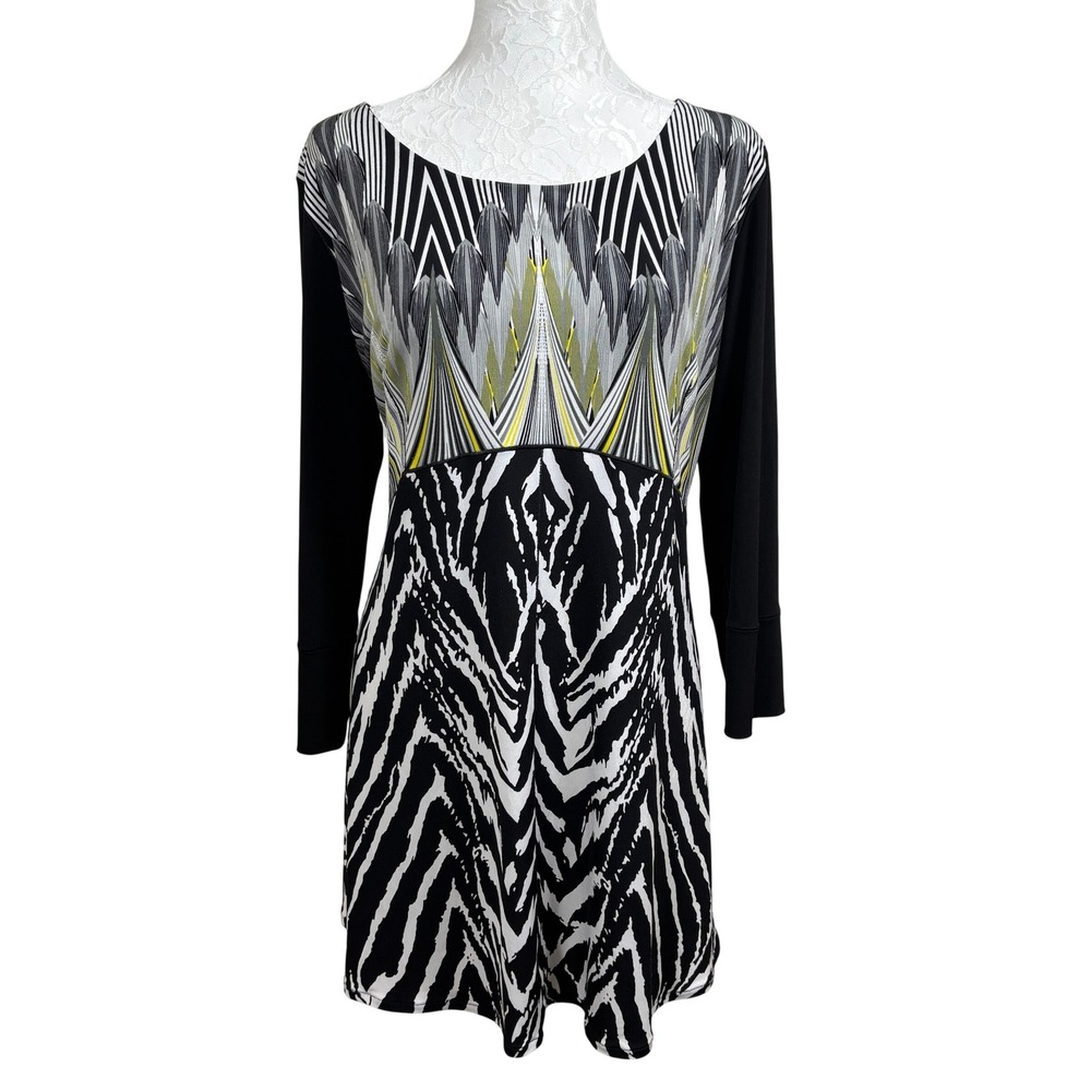 Eva Varro Black Abstract Zebra Scoop Neck Long Sleeve Tunic Mini Dress Womens XL